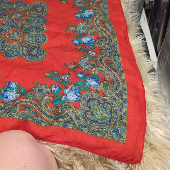 Red with blue and green Paisley floral scarf - Picture 3 of 3